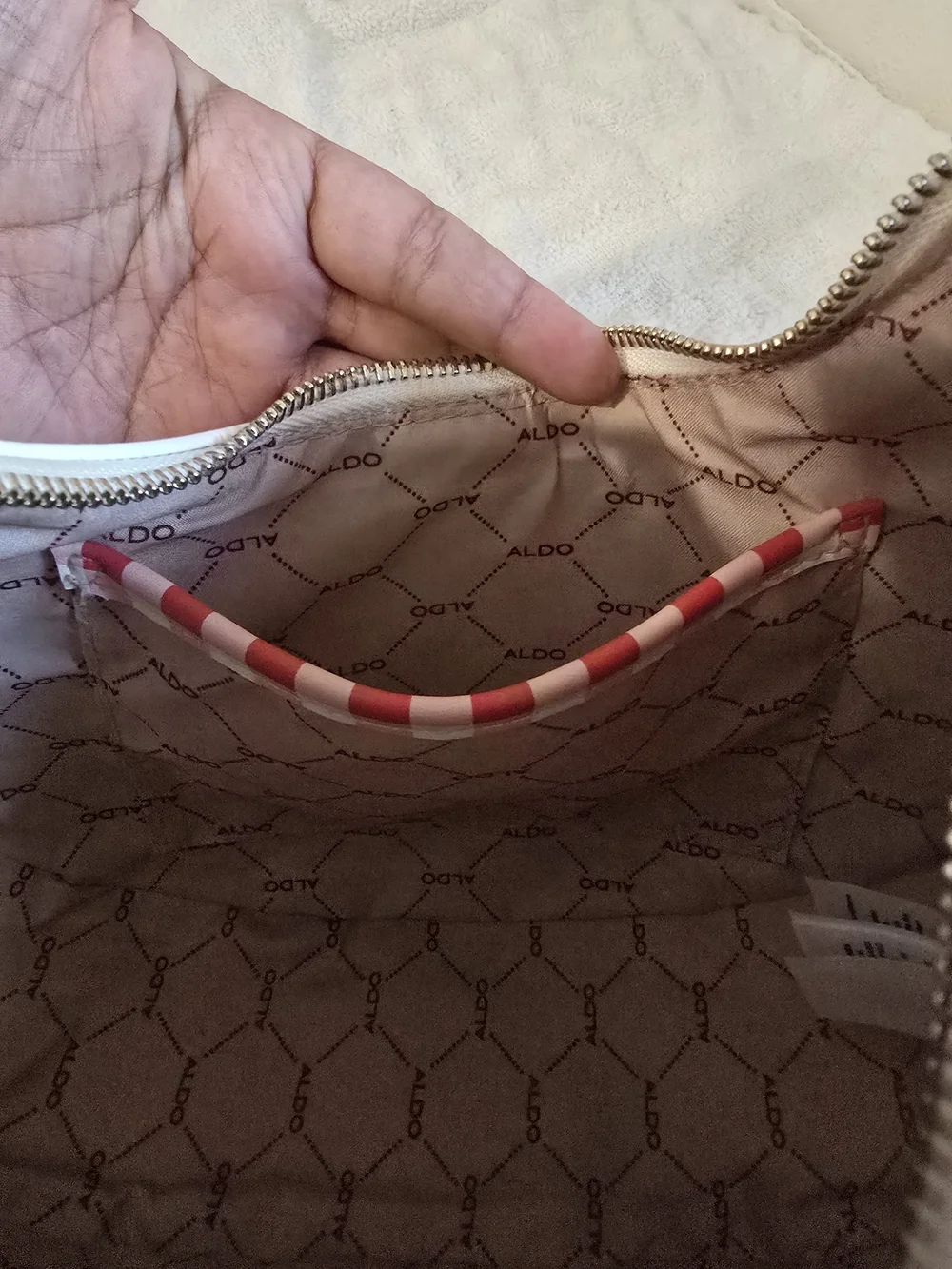 Aldo Red and White Gingham Crescent Shoulder Bag with Gold Chain